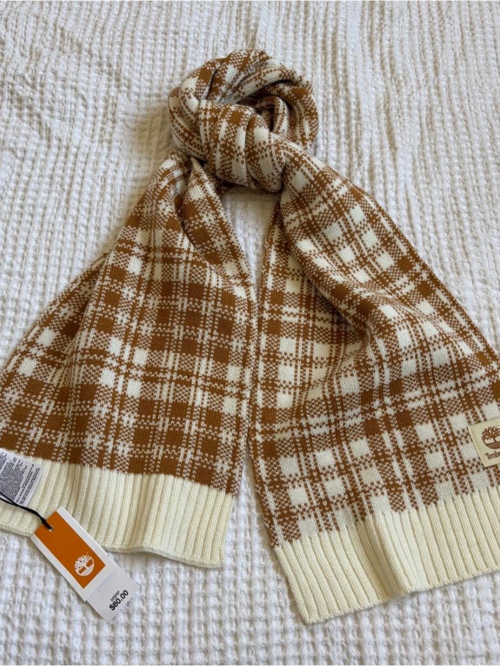 NWT Timberland Cream and Brown Plaid Knit Scarf